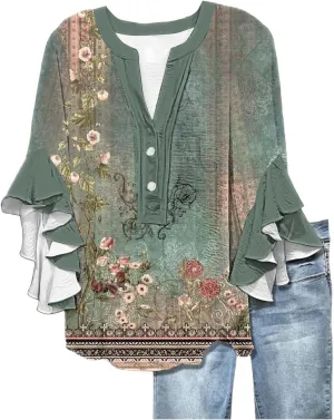 Summer Tops for Women 2025 Floral Print Flowy 3/4 Length Sleeve Womens Tops Ruffle Sleeve Half Button Down V Neck Shirt