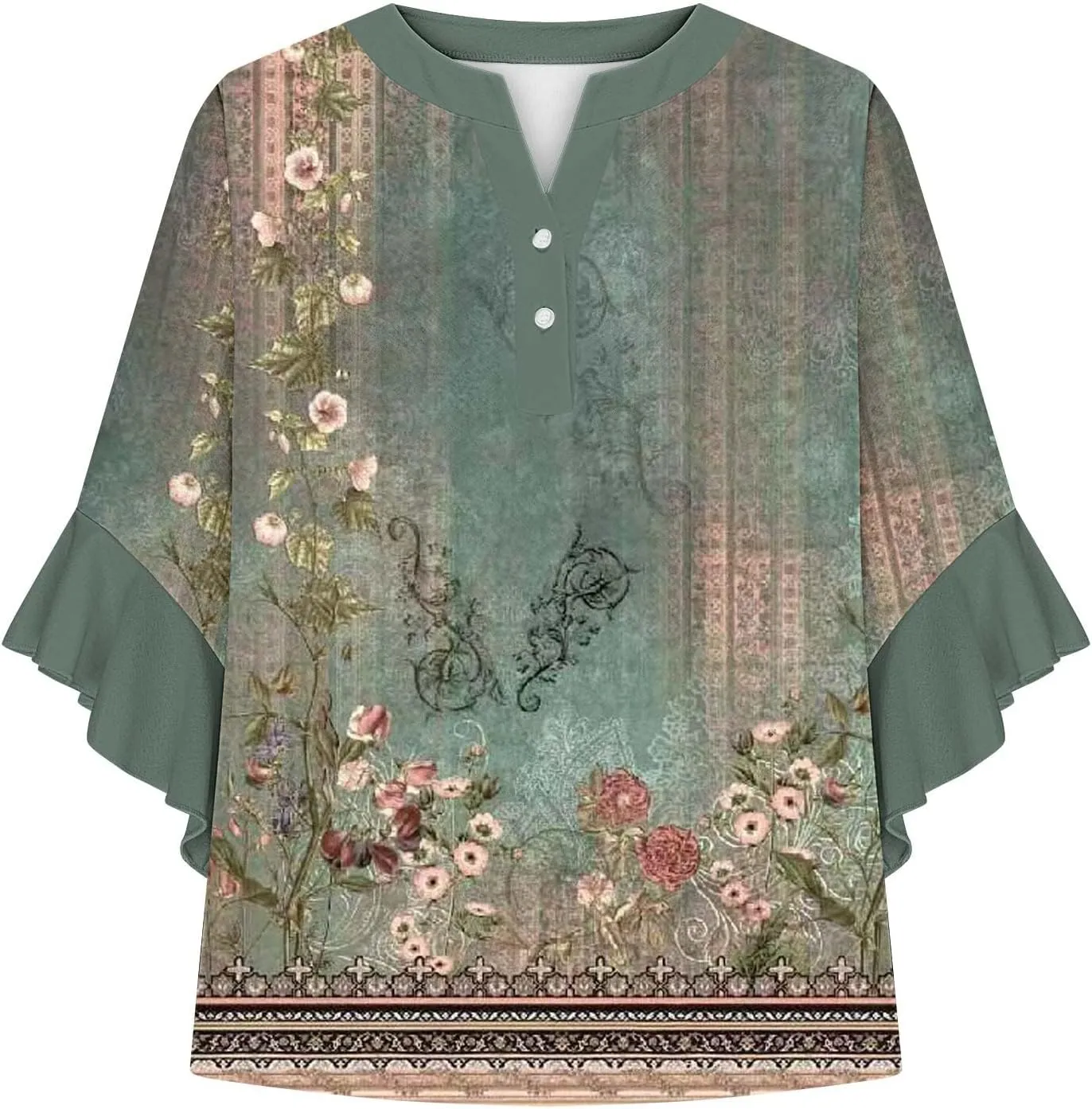 Summer Tops for Women 2025 Floral Print Flowy 3/4 Length Sleeve Womens Tops Ruffle Sleeve Half Button Down V Neck Shirt