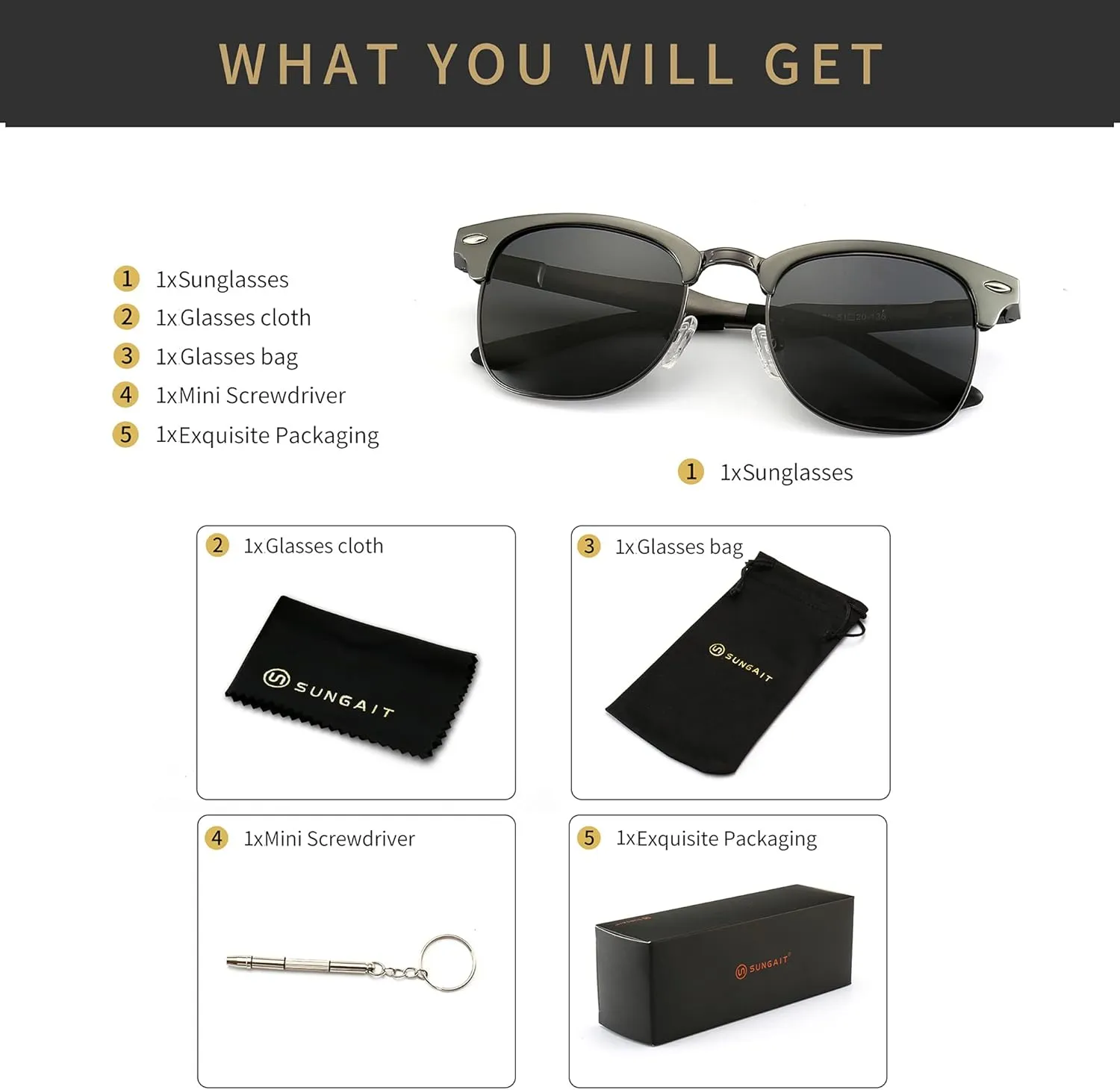 SUNGAIT Polarized Sunglasses for Men and Women, Classic Half-Frame Retro Shades for Driving, Travel, and Outdoor Activities