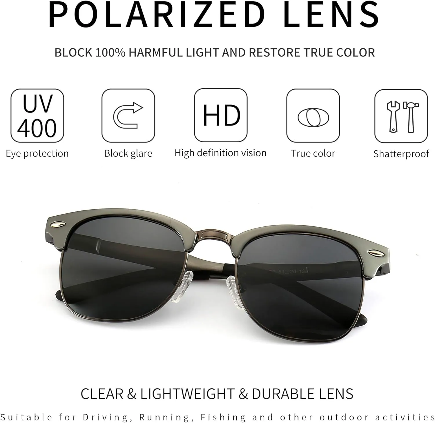 SUNGAIT Polarized Sunglasses for Men and Women, Classic Half-Frame Retro Shades for Driving, Travel, and Outdoor Activities