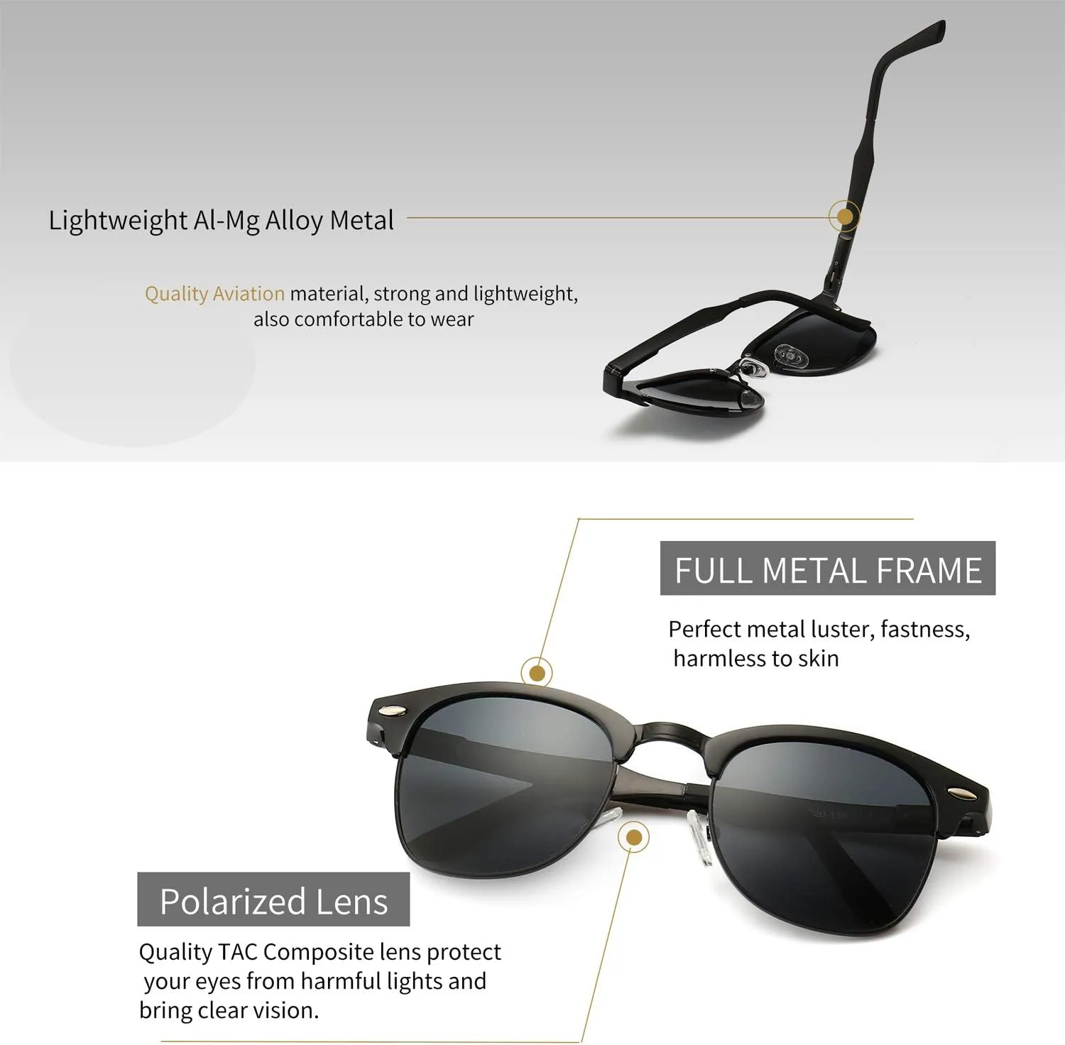 SUNGAIT Polarized Sunglasses for Men and Women, Classic Half-Frame Retro Shades for Driving, Travel, and Outdoor Activities