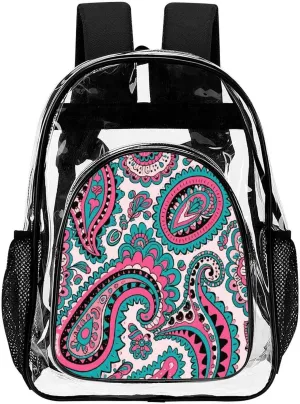 Supdreamc Colorful Flowers Leaves Paisley Art Shoulder Book Bags Transparent Multipurpose Anti-Theft Carry On Bag Large Capacity Travel Hiking & Camping Rucksack