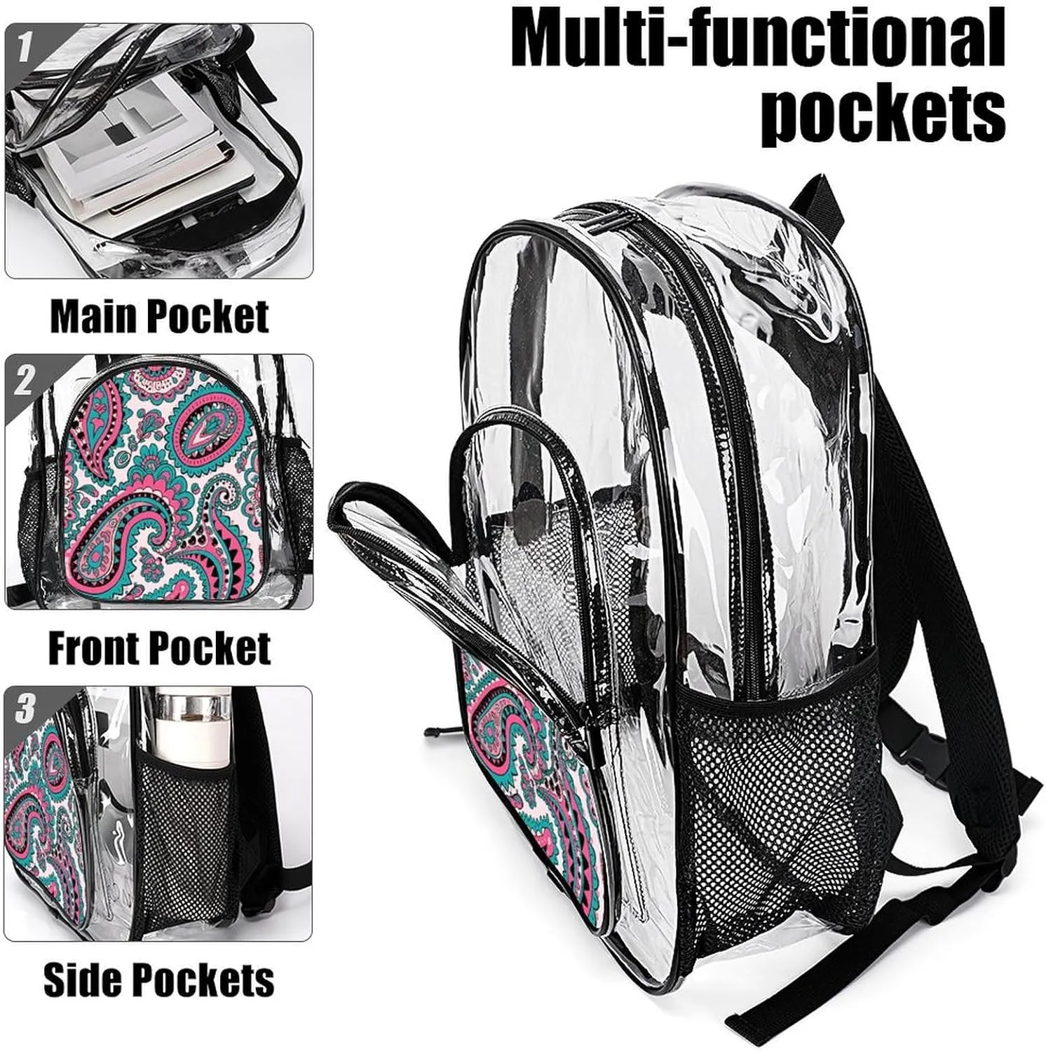 Supdreamc Colorful Flowers Leaves Paisley Art Shoulder Book Bags Transparent Multipurpose Anti-Theft Carry On Bag Large Capacity Travel Hiking & Camping Rucksack
