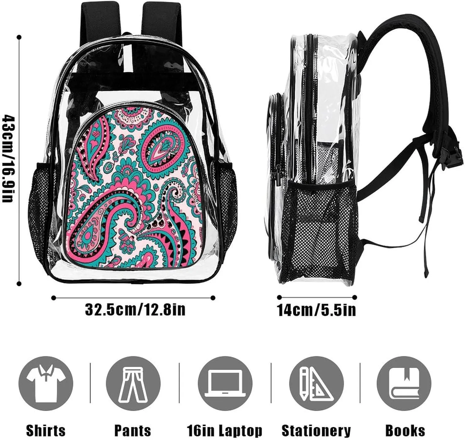 Supdreamc Colorful Flowers Leaves Paisley Art Shoulder Book Bags Transparent Multipurpose Anti-Theft Carry On Bag Large Capacity Travel Hiking & Camping Rucksack