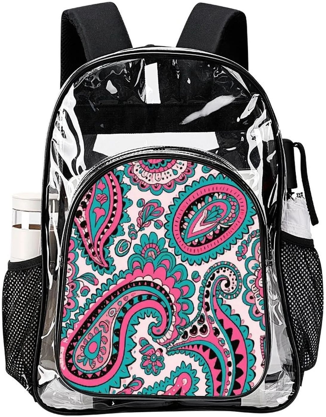 Supdreamc Colorful Flowers Leaves Paisley Art Shoulder Book Bags Transparent Multipurpose Anti-Theft Carry On Bag Large Capacity Travel Hiking & Camping Rucksack