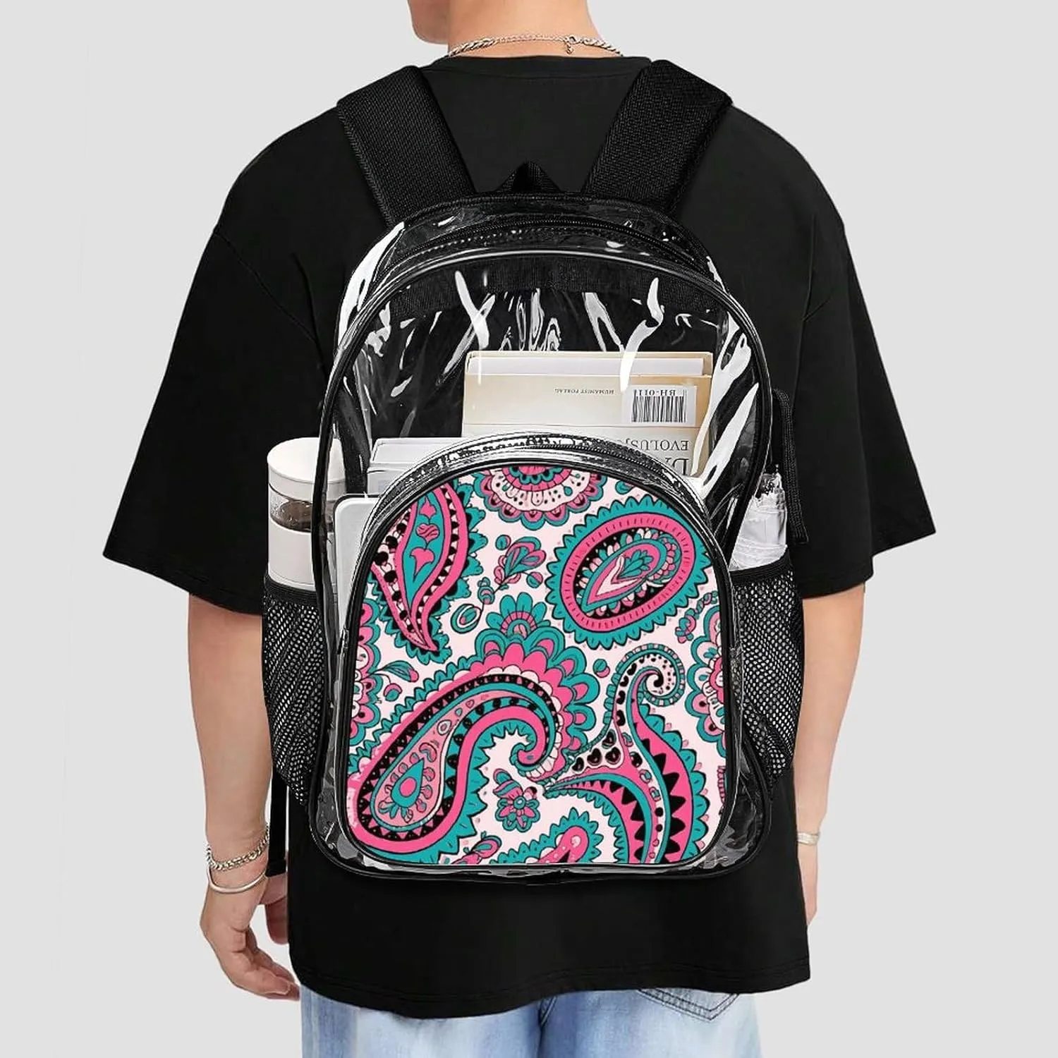 Supdreamc Colorful Flowers Leaves Paisley Art Shoulder Book Bags Transparent Multipurpose Anti-Theft Carry On Bag Large Capacity Travel Hiking & Camping Rucksack