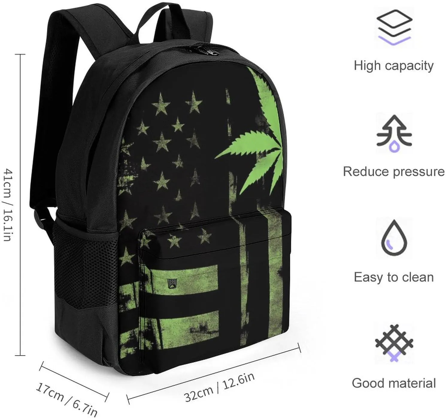 Supdreamc Men Women Lightweight American Usa Flag Marijuanaweed Leaf Painting Backpack Large Capacity Bookbag With Smooth Zippers for Gym Business Running