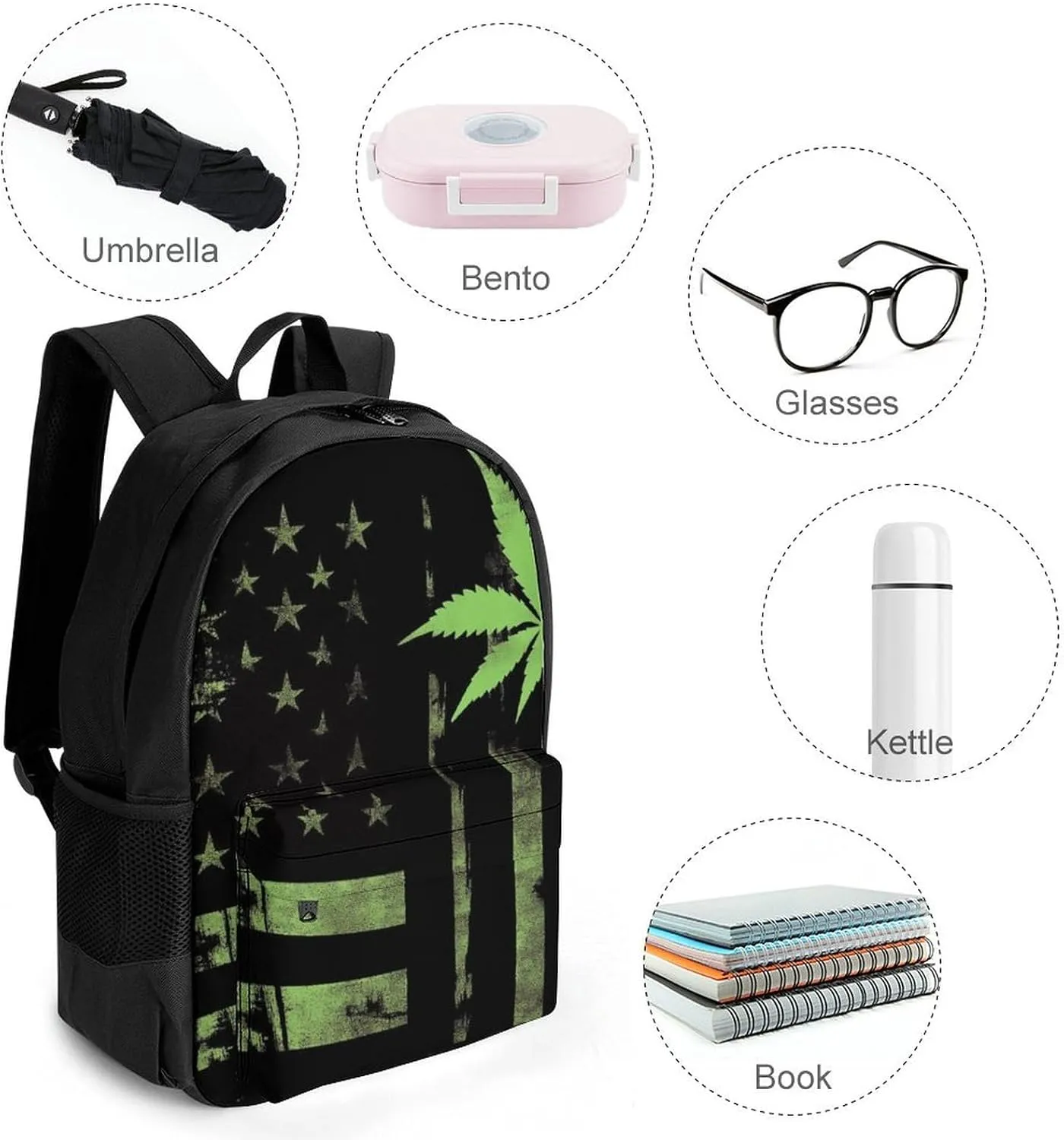Supdreamc Men Women Lightweight American Usa Flag Marijuanaweed Leaf Painting Backpack Large Capacity Bookbag With Smooth Zippers for Gym Business Running