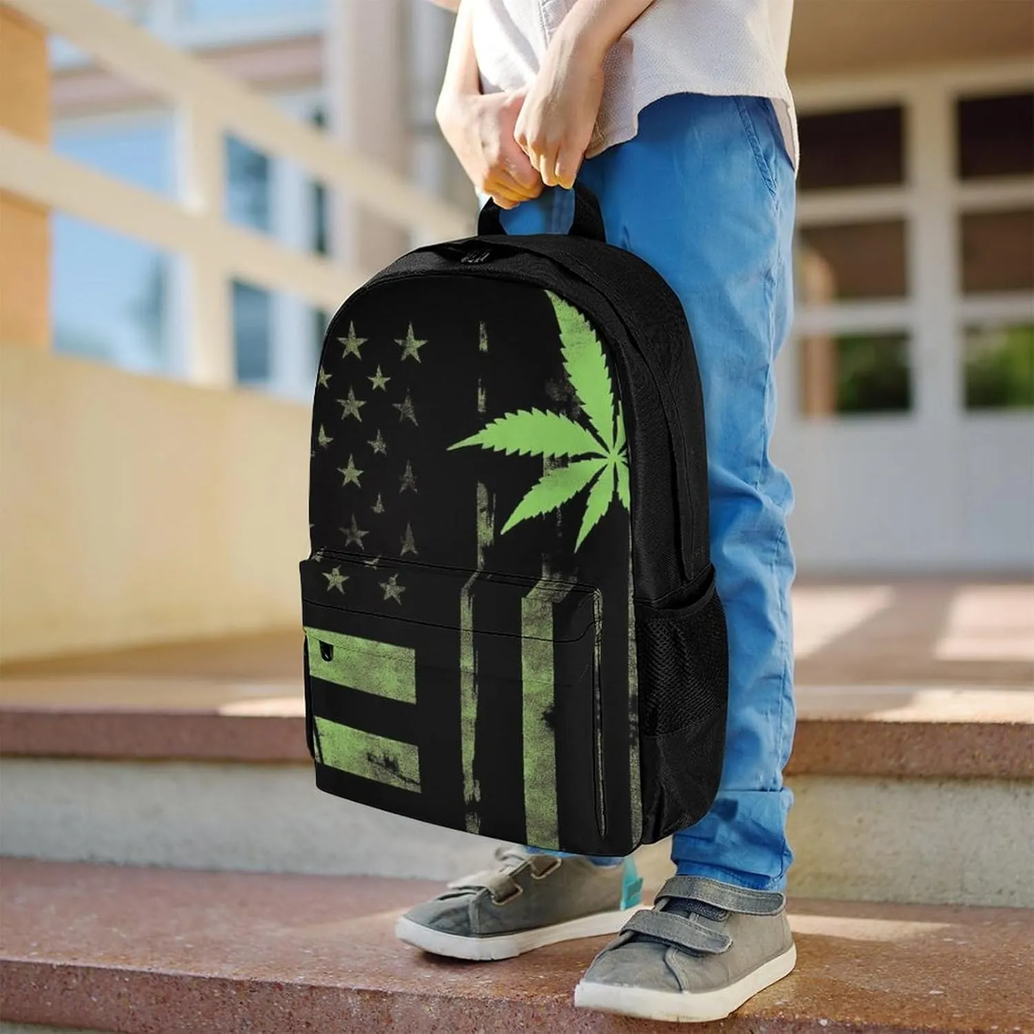 Supdreamc Men Women Lightweight American Usa Flag Marijuanaweed Leaf Painting Backpack Large Capacity Bookbag With Smooth Zippers for Gym Business Running