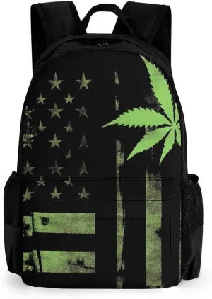 Supdreamc Men Women Lightweight American Usa Flag Marijuanaweed Leaf Painting Backpack Large Capacity Bookbag With Smooth Zippers for Gym Business Running