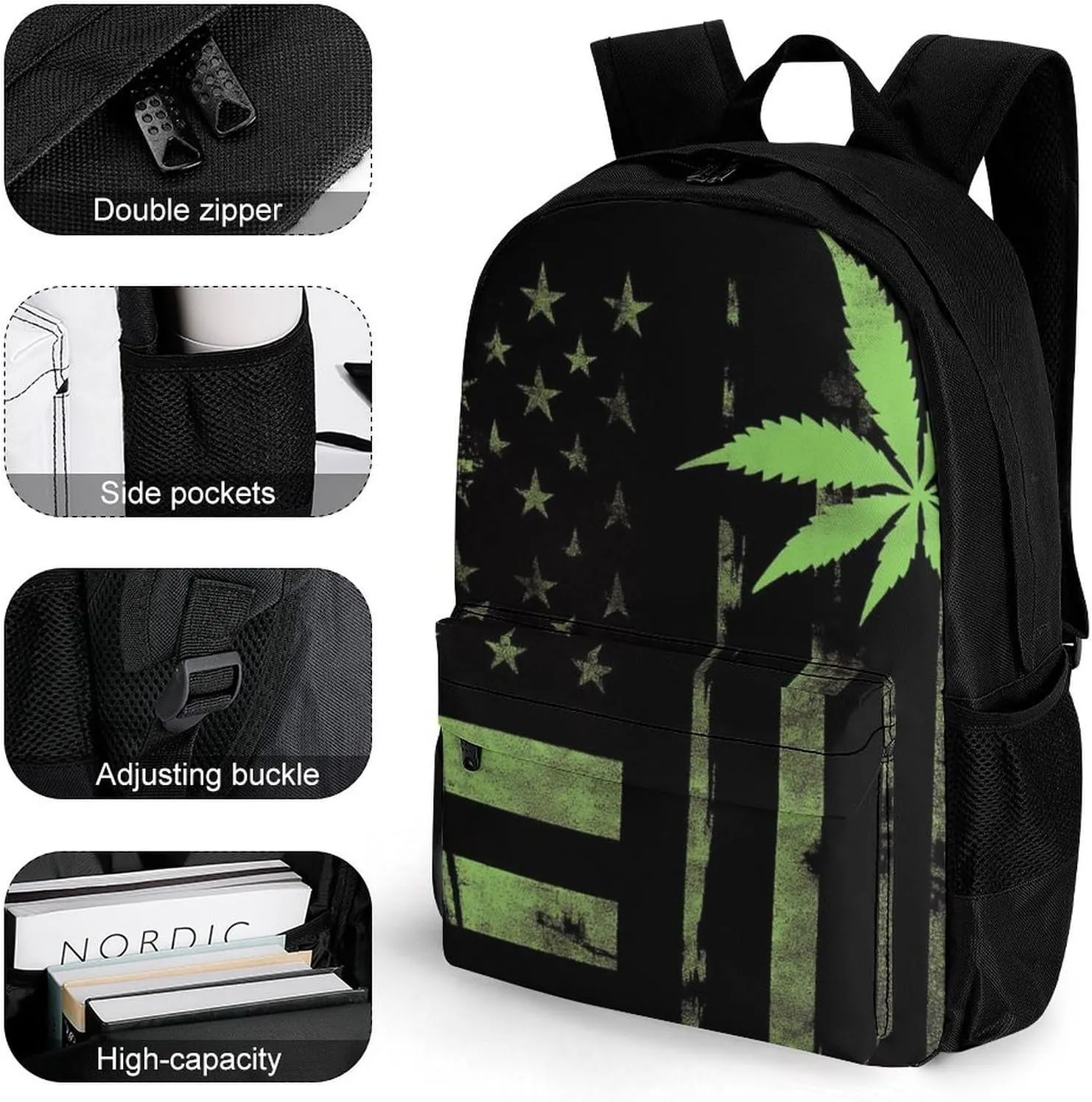 Supdreamc Men Women Lightweight American Usa Flag Marijuanaweed Leaf Painting Backpack Large Capacity Bookbag With Smooth Zippers for Gym Business Running