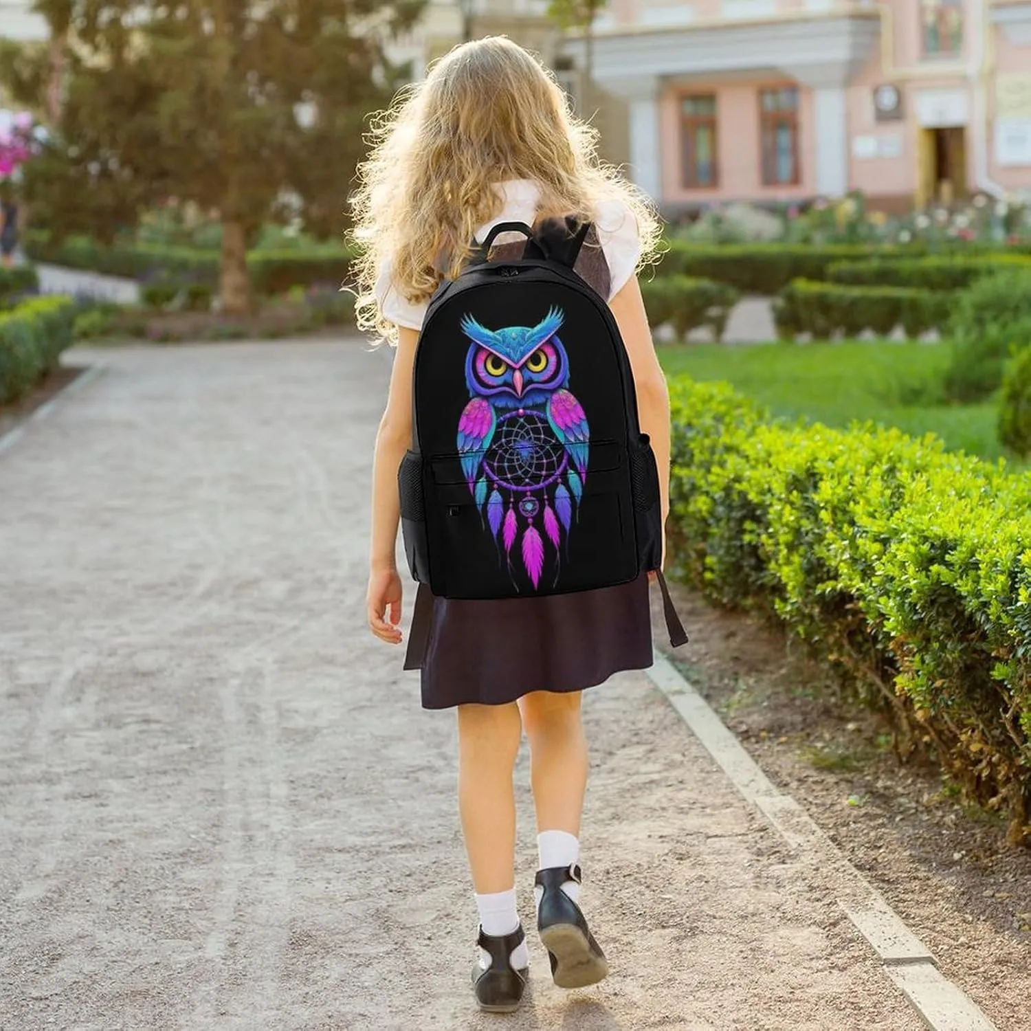 Supdreamc Men Women Lightweight Owl Rainbow Dream Catcher Daypack Bookbag Big Capacity Carry On Bag With Side Pockets for Camping Travel Bicycle