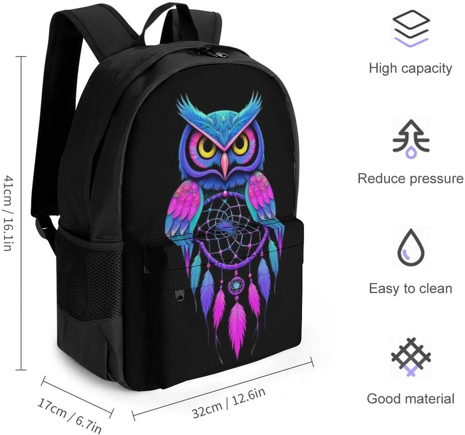 Supdreamc Men Women Lightweight Owl Rainbow Dream Catcher Daypack Bookbag Big Capacity Carry On Bag With Side Pockets for Camping Travel Bicycle