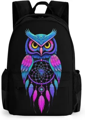 Supdreamc Men Women Lightweight Owl Rainbow Dream Catcher Daypack Bookbag Big Capacity Carry On Bag With Side Pockets for Camping Travel Bicycle