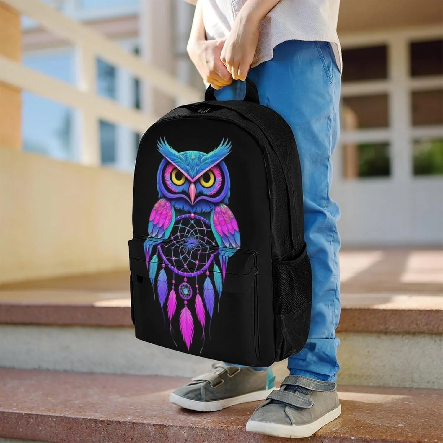 Supdreamc Men Women Lightweight Owl Rainbow Dream Catcher Daypack Bookbag Big Capacity Carry On Bag With Side Pockets for Camping Travel Bicycle