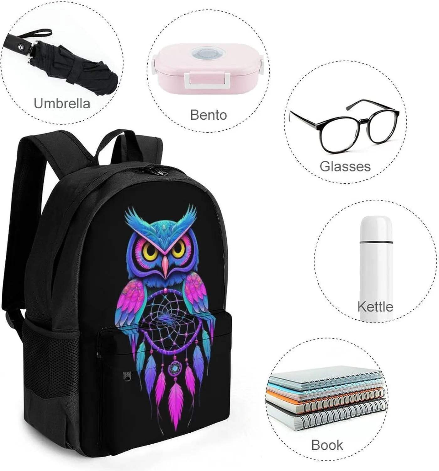 Supdreamc Men Women Lightweight Owl Rainbow Dream Catcher Daypack Bookbag Big Capacity Carry On Bag With Side Pockets for Camping Travel Bicycle