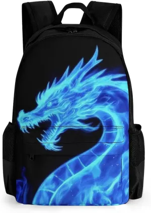 Supdreamc Men Women Polyester Blue Fire Flames Dragon Daypack Big Capacity Shoulder Bag With Smooth Zippers for Hiking Work Walking Cycling