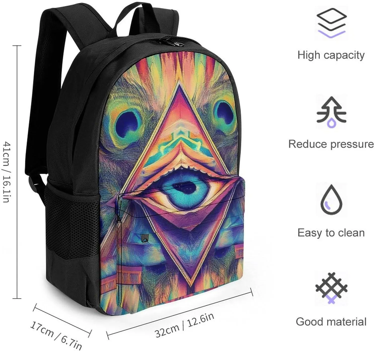 Supdreamc Men Women Polyester Colorful Tattoo Trippy Acid Eye Daypack Big Capacity Shoulder Bag With Smooth Zippers for Hiking Work Walking Cycling