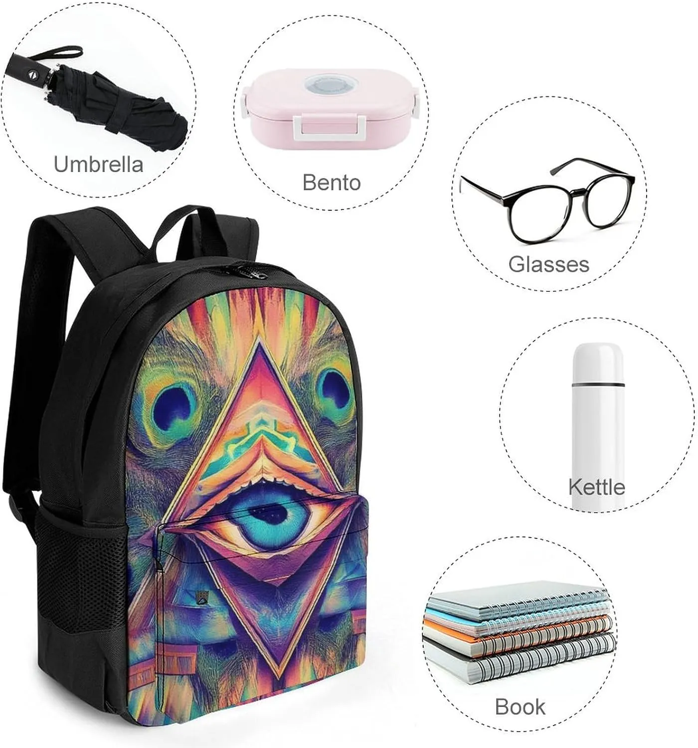 Supdreamc Men Women Polyester Colorful Tattoo Trippy Acid Eye Daypack Big Capacity Shoulder Bag With Smooth Zippers for Hiking Work Walking Cycling