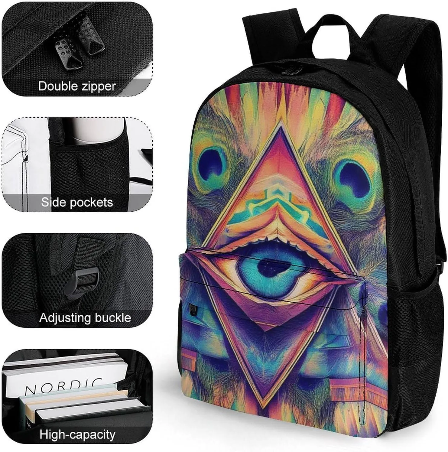 Supdreamc Men Women Polyester Colorful Tattoo Trippy Acid Eye Daypack Big Capacity Shoulder Bag With Smooth Zippers for Hiking Work Walking Cycling