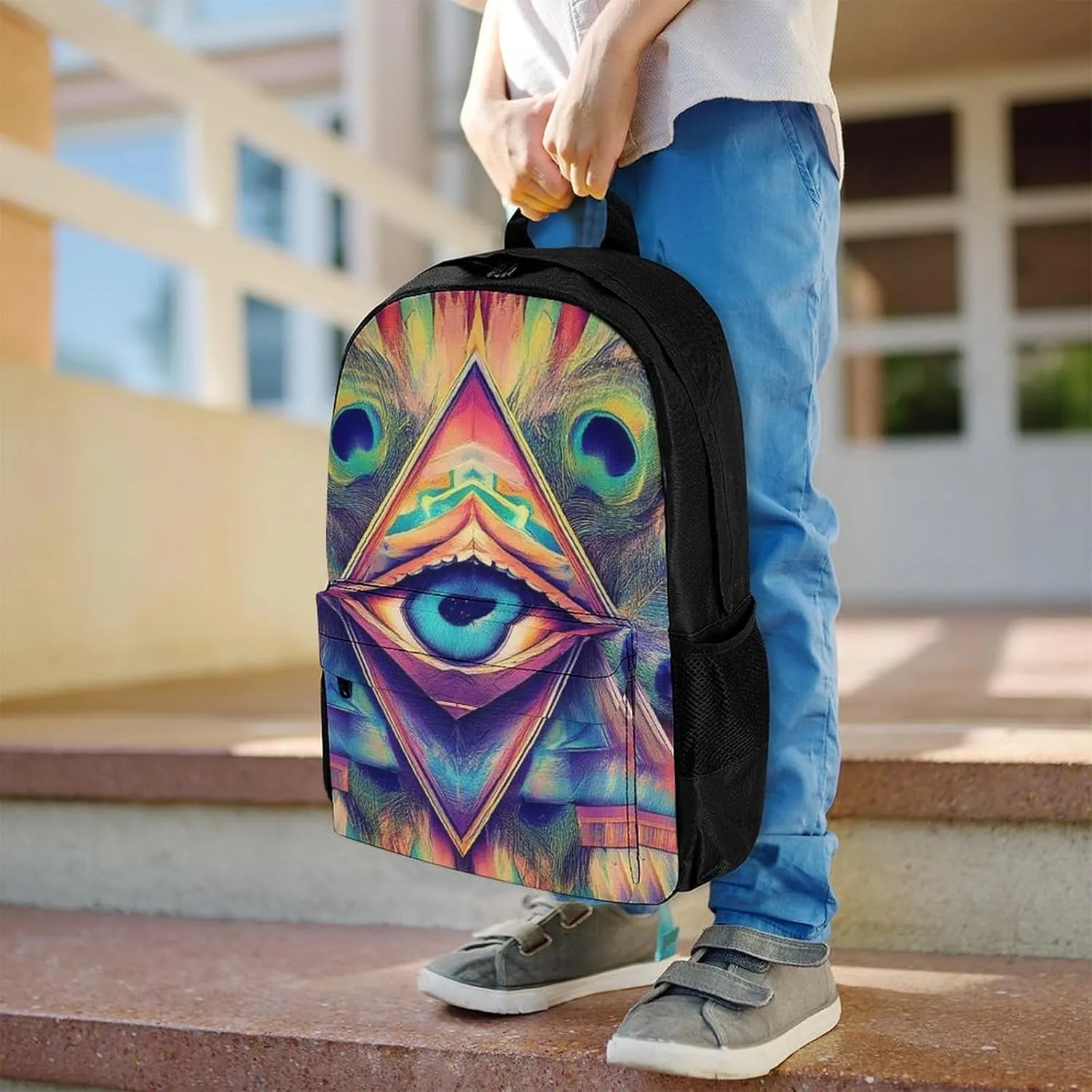 Supdreamc Men Women Polyester Colorful Tattoo Trippy Acid Eye Daypack Big Capacity Shoulder Bag With Smooth Zippers for Hiking Work Walking Cycling