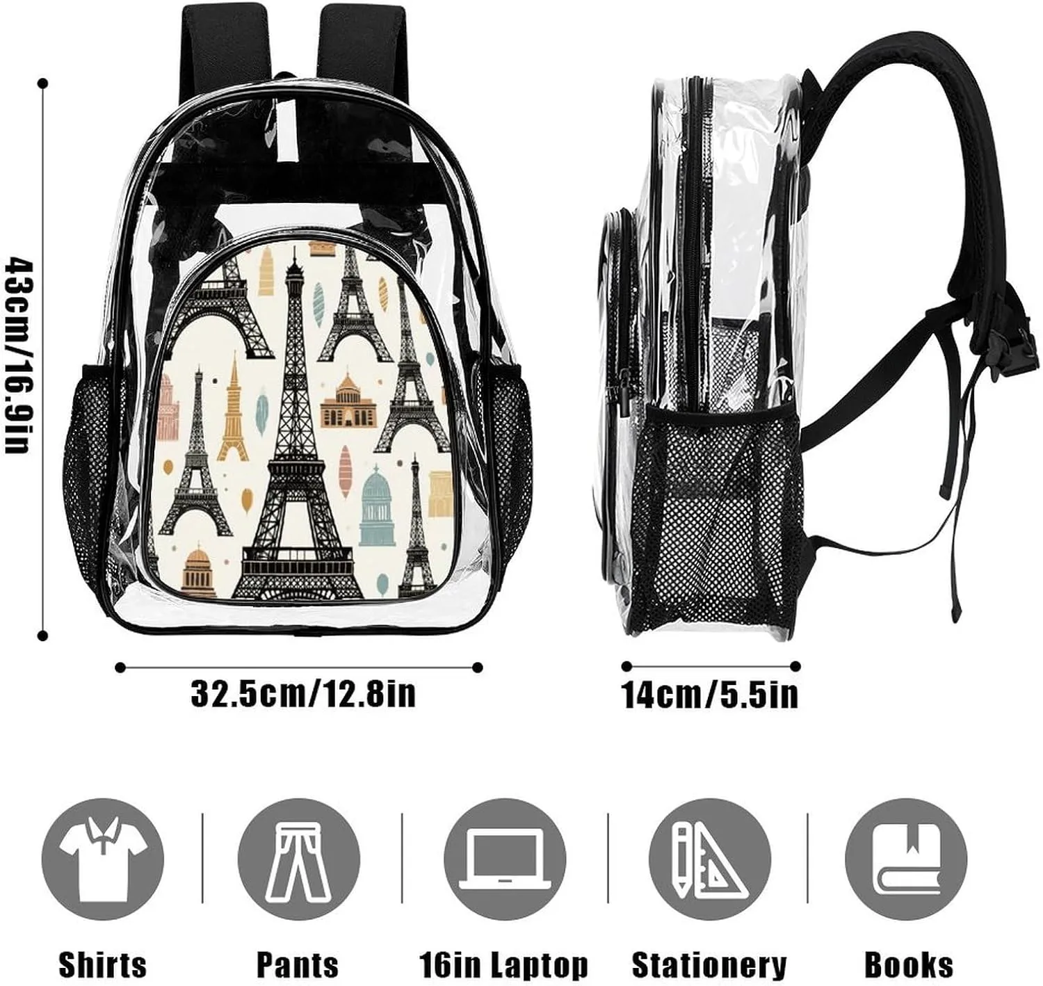 Supdreamc Men Women Transparent Paris Eiffel Tower Art Daypack Big Capacity Shoulder Bag With Adjustable Shoulder Straps for Camping Travel Walking Cycling