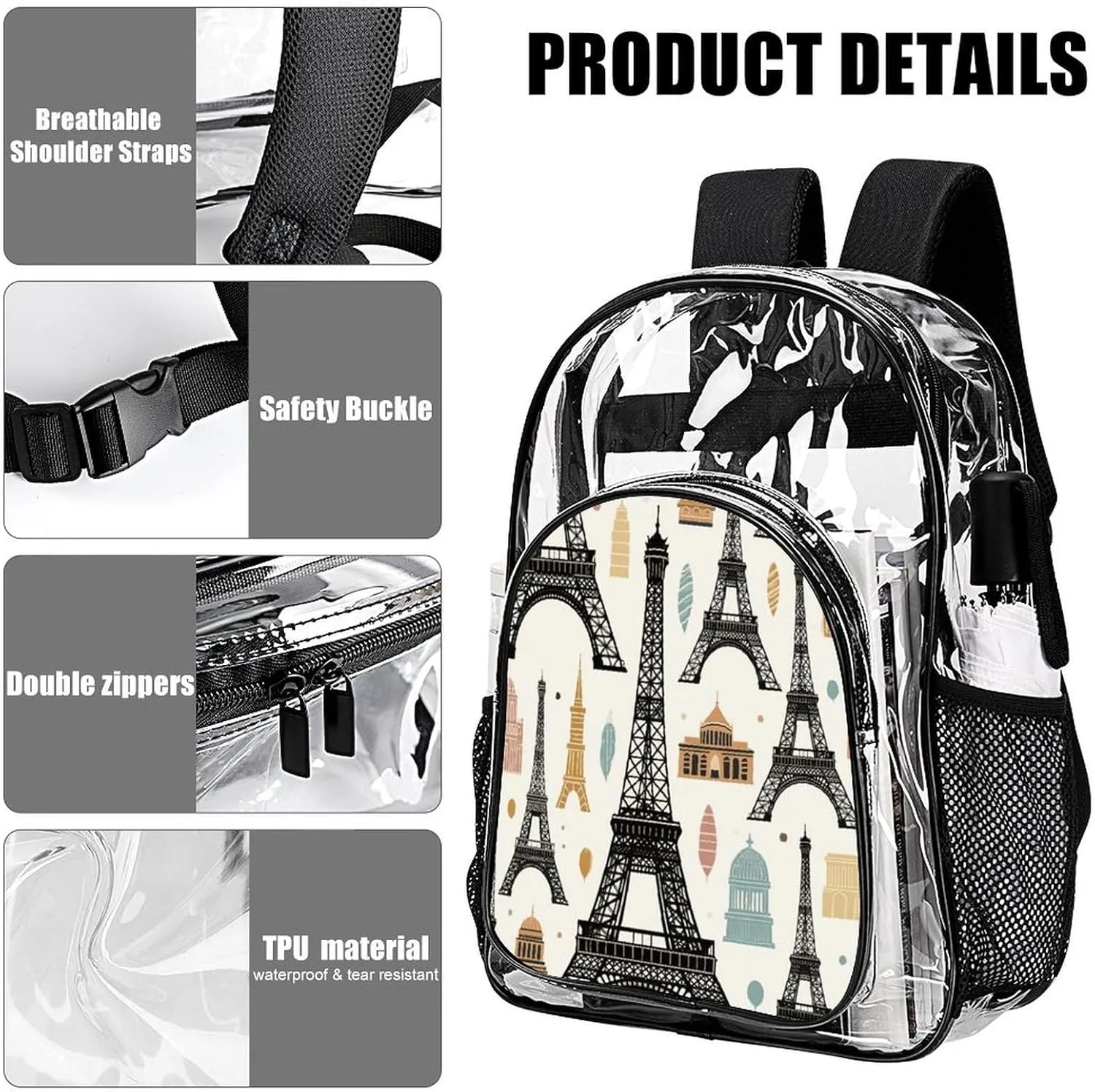 Supdreamc Men Women Transparent Paris Eiffel Tower Art Daypack Big Capacity Shoulder Bag With Adjustable Shoulder Straps for Camping Travel Walking Cycling