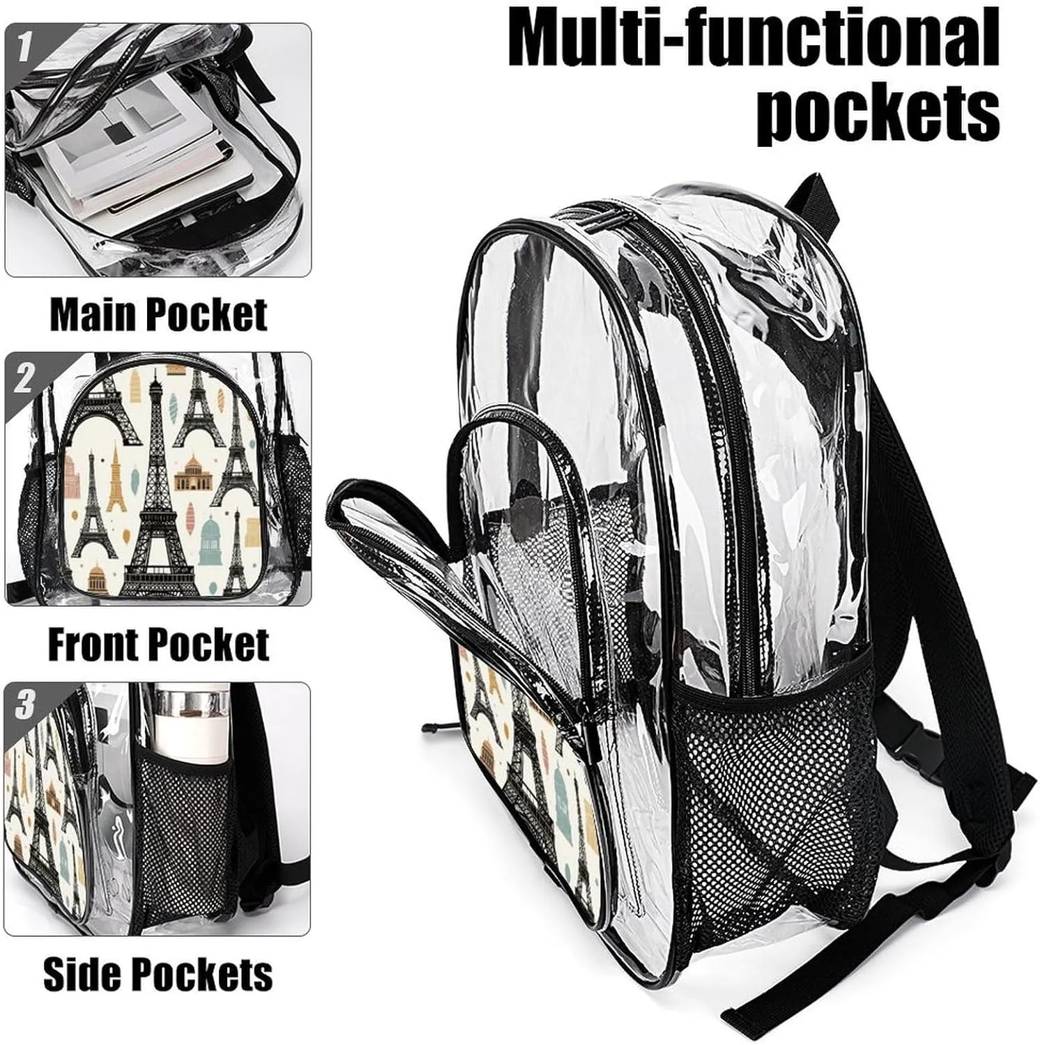 Supdreamc Men Women Transparent Paris Eiffel Tower Art Daypack Big Capacity Shoulder Bag With Adjustable Shoulder Straps for Camping Travel Walking Cycling