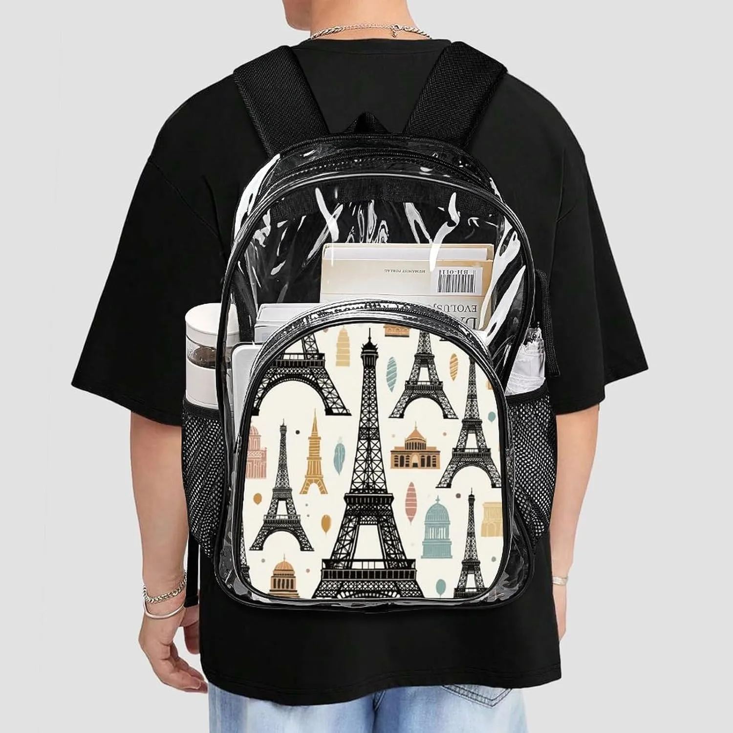 Supdreamc Men Women Transparent Paris Eiffel Tower Art Daypack Big Capacity Shoulder Bag With Adjustable Shoulder Straps for Camping Travel Walking Cycling