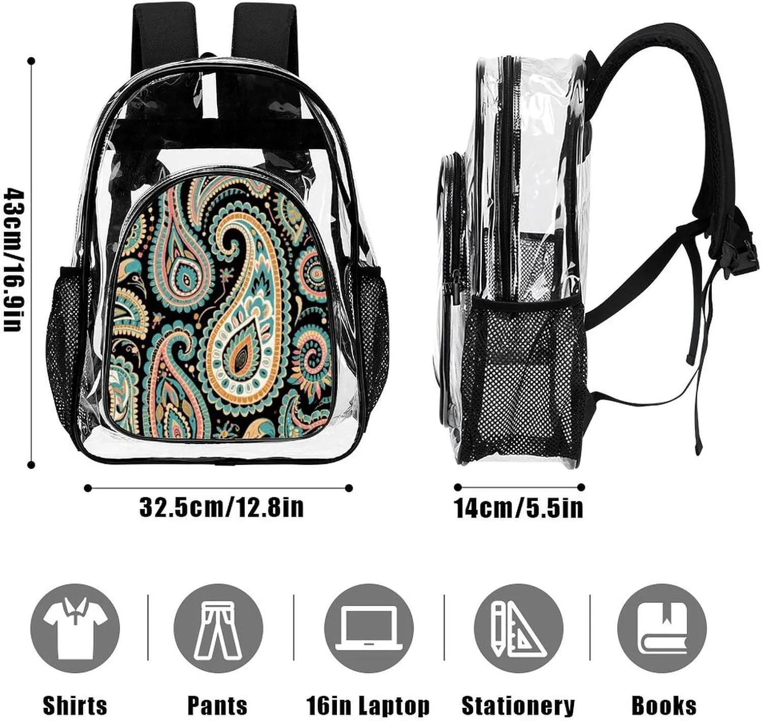 Supdreamc Transparent Daypack Bookbag for Gym Business Bicycle - Large Capacity Multipurpose Anti-Theft Carry On Bag, Colorful Flowers Leaves Paisley Art Travel Hiking Daypack