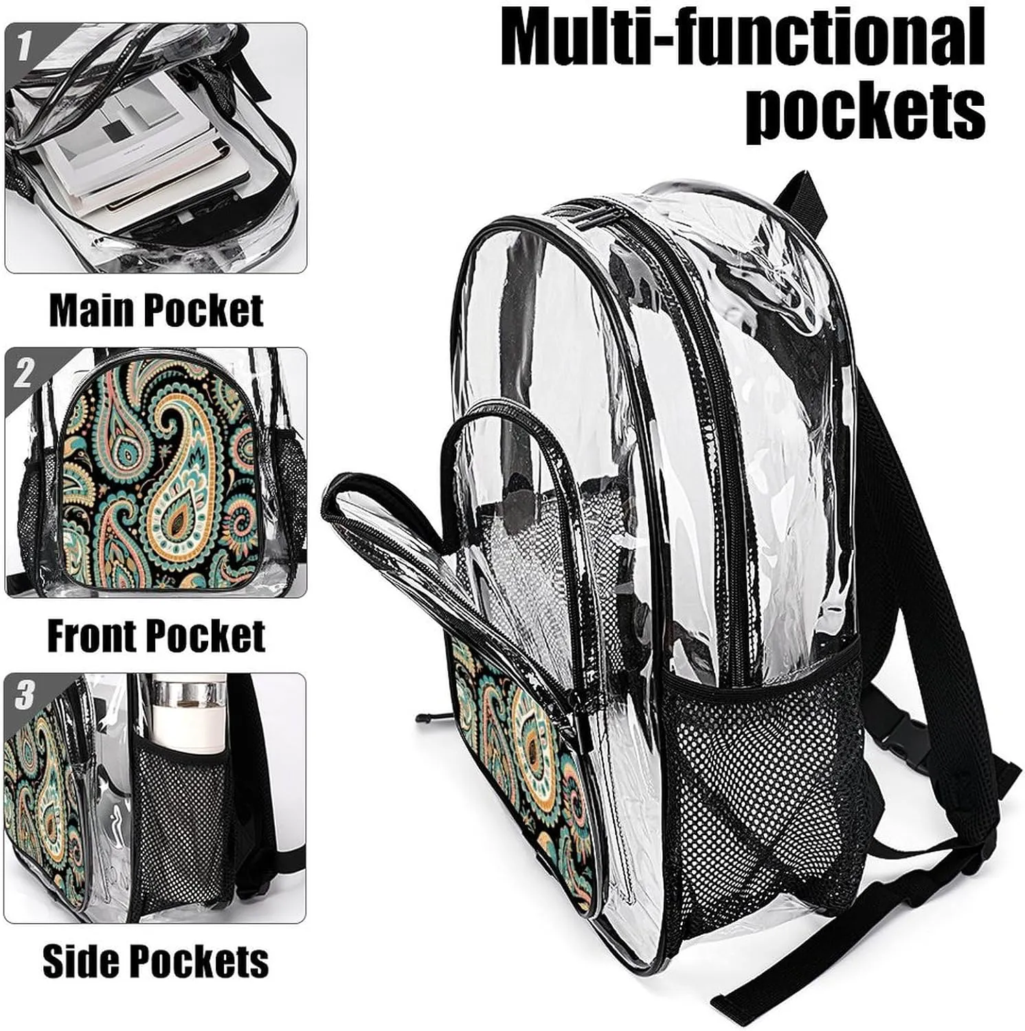 Supdreamc Transparent Daypack Bookbag for Gym Business Bicycle - Large Capacity Multipurpose Anti-Theft Carry On Bag, Colorful Flowers Leaves Paisley Art Travel Hiking Daypack
