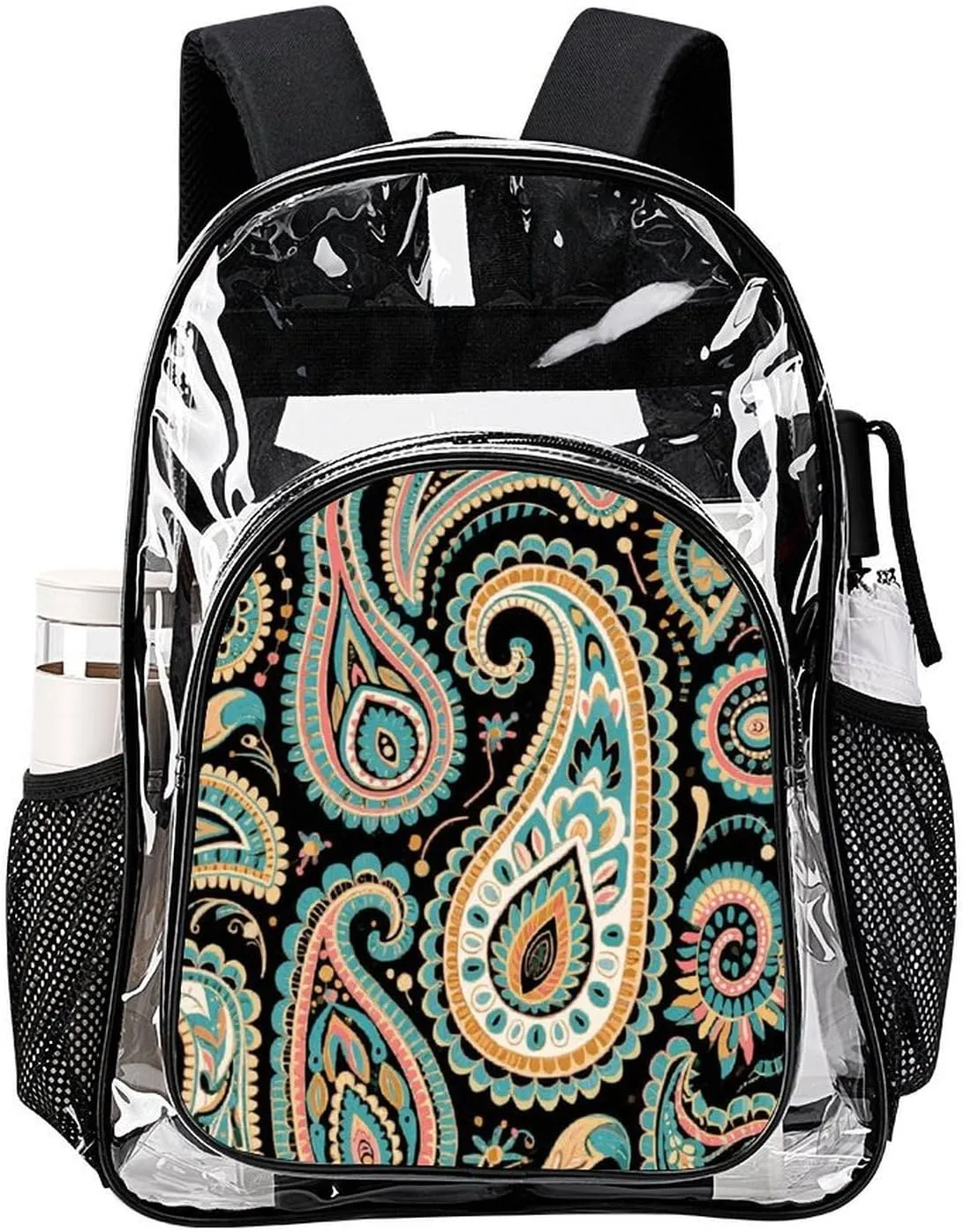 Supdreamc Transparent Daypack Bookbag for Gym Business Bicycle - Large Capacity Multipurpose Anti-Theft Carry On Bag, Colorful Flowers Leaves Paisley Art Travel Hiking Daypack