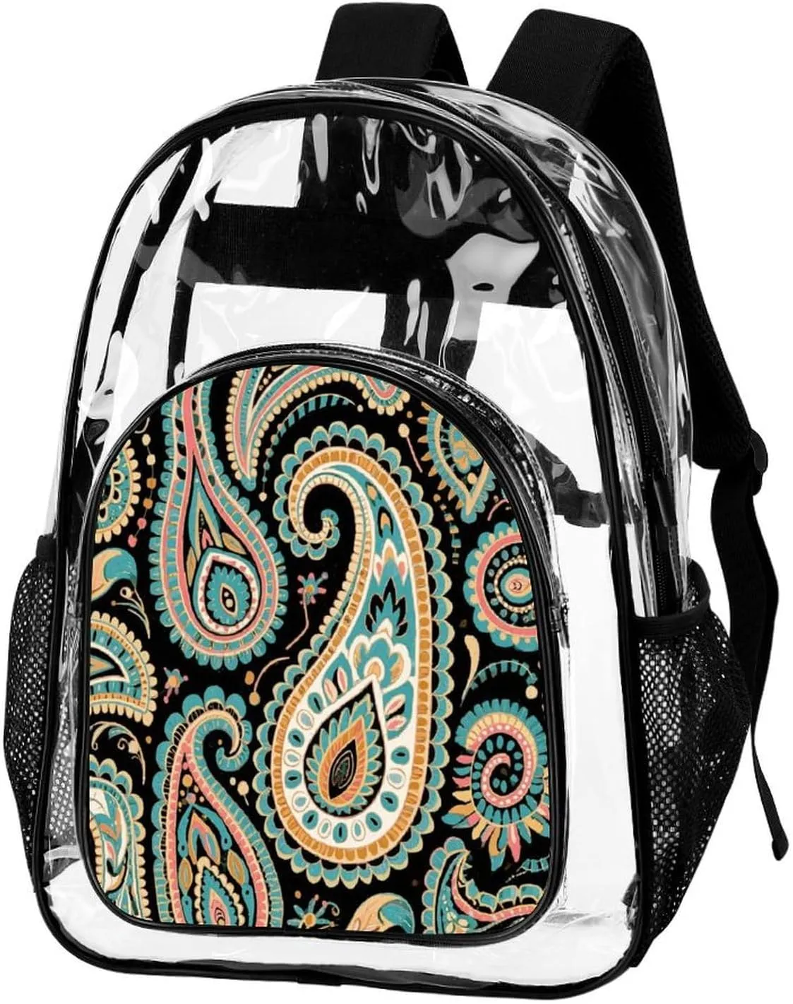 Supdreamc Transparent Daypack Bookbag for Gym Business Bicycle - Large Capacity Multipurpose Anti-Theft Carry On Bag, Colorful Flowers Leaves Paisley Art Travel Hiking Daypack