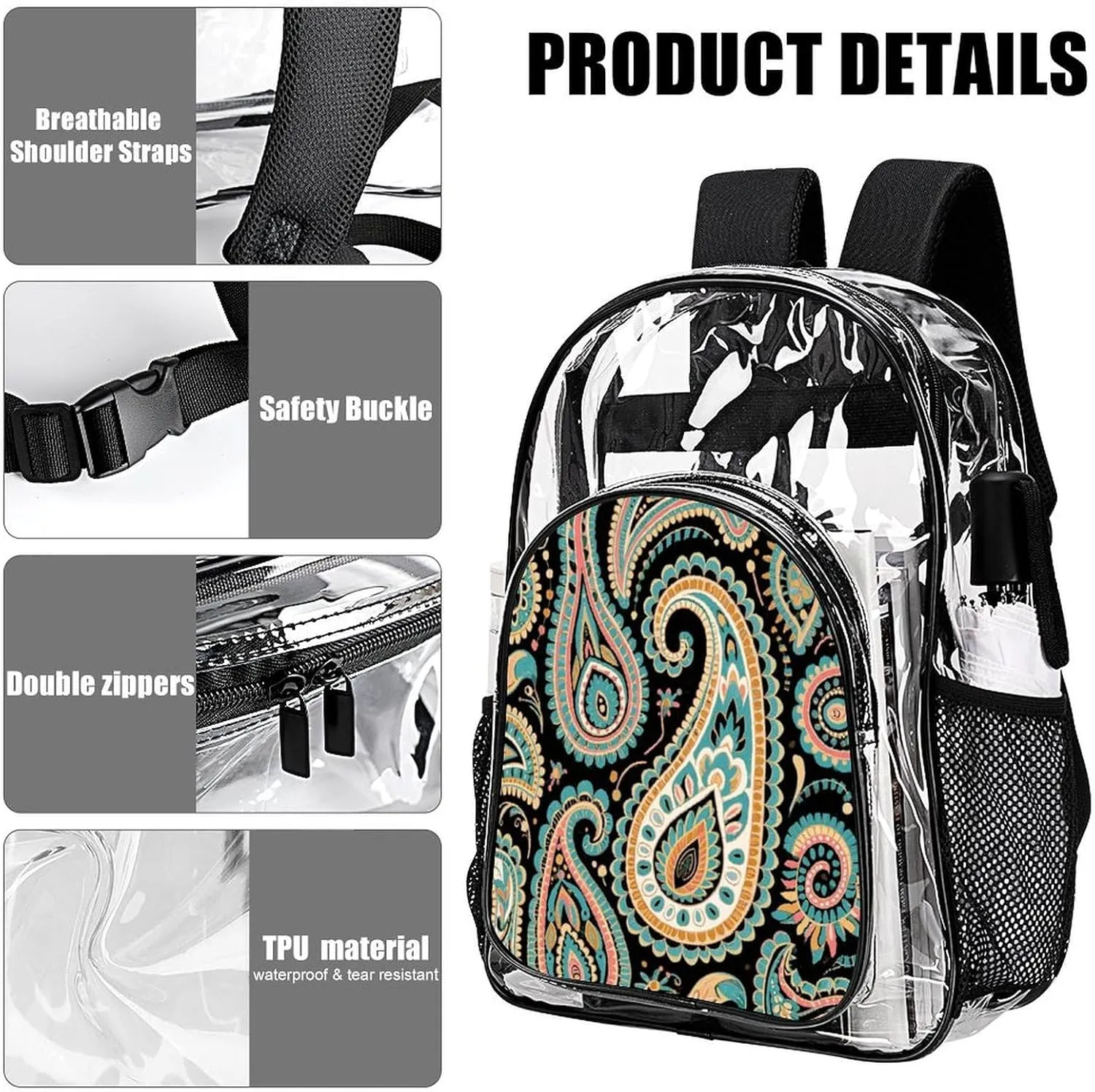Supdreamc Transparent Daypack Bookbag for Gym Business Bicycle - Large Capacity Multipurpose Anti-Theft Carry On Bag, Colorful Flowers Leaves Paisley Art Travel Hiking Daypack