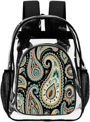 Supdreamc Transparent Daypack Bookbag for Gym Business Bicycle - Large Capacity Multipurpose Anti-Theft Carry On Bag, Colorful Flowers Leaves Paisley Art Travel Hiking Daypack