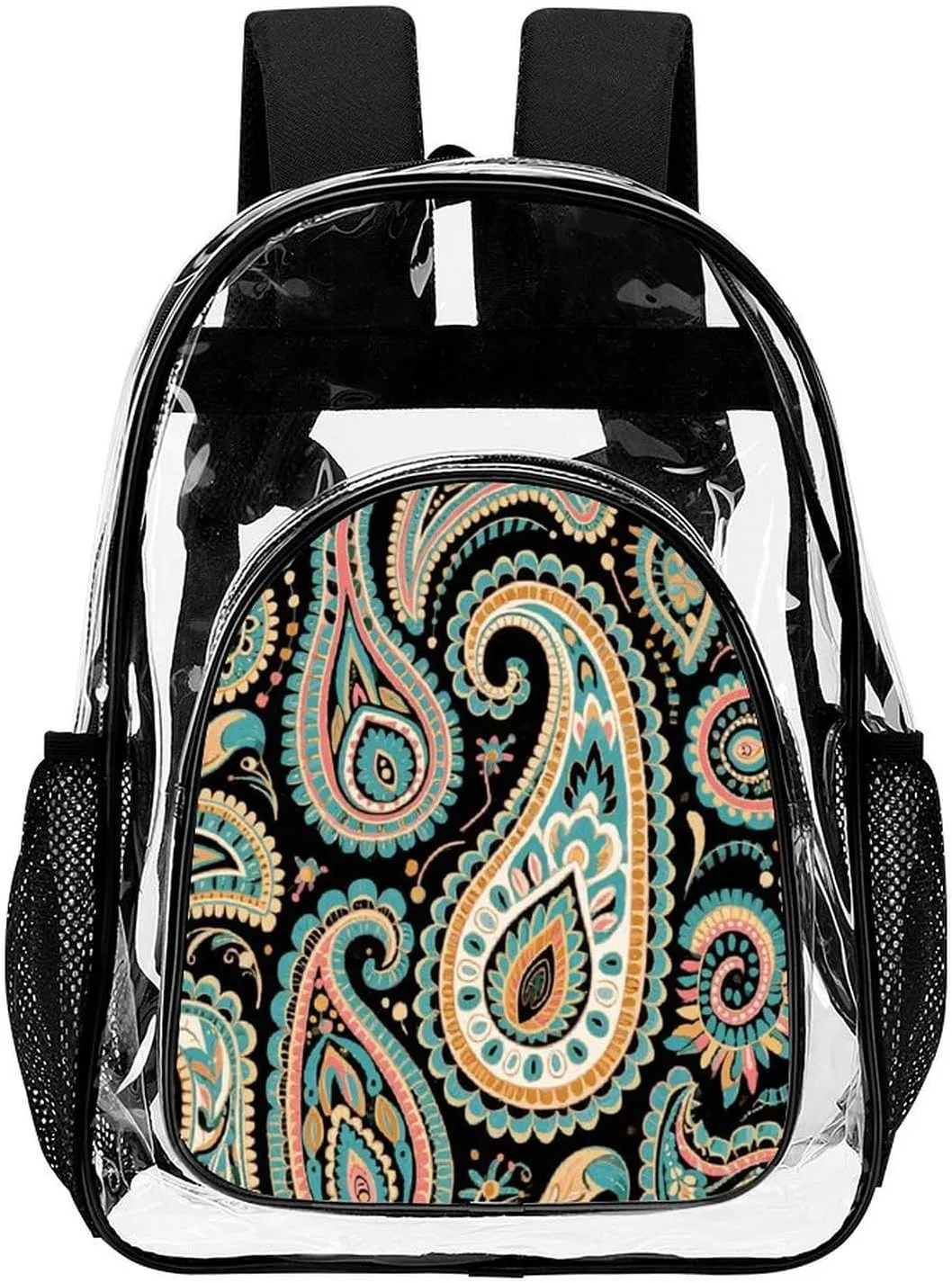 Supdreamc Transparent Daypack Bookbag for Gym Business Bicycle - Large Capacity Multipurpose Anti-Theft Carry On Bag, Colorful Flowers Leaves Paisley Art Travel Hiking Daypack