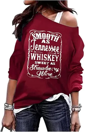 Susongeth Smooth As Tennessee Whiskey Sweet As Strawberry Wine off Shoulder Sweatshirt Women Retro Country Music Pullover Top