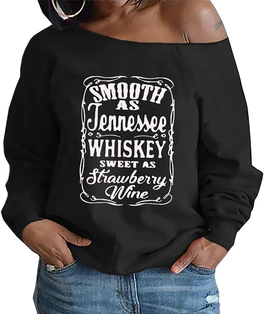 Susongeth Smooth As Tennessee Whiskey Sweet As Strawberry Wine off Shoulder Sweatshirt Women Retro Country Music Pullover Top