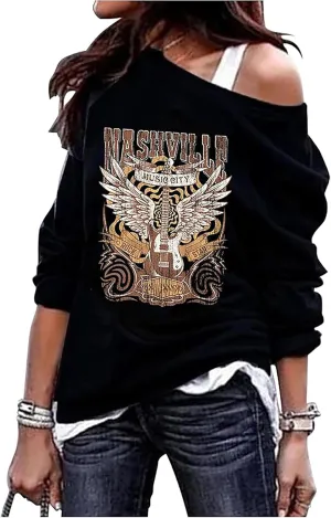 Susongeth Smooth As Tennessee Whiskey Sweet As Strawberry Wine off Shoulder Sweatshirt Women Retro Country Music Pullover Top