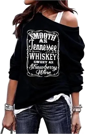 Susongeth Smooth As Tennessee Whiskey Sweet As Strawberry Wine off Shoulder Sweatshirt Women Retro Country Music Pullover Top