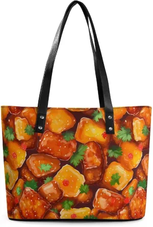 Sweet And Sour Pork Food Novelty Fashion Women's Handbags Printed Tote Bag Shoulder Purse Top Handle With Pocket 11 X 11.5 X 5.5 Inch