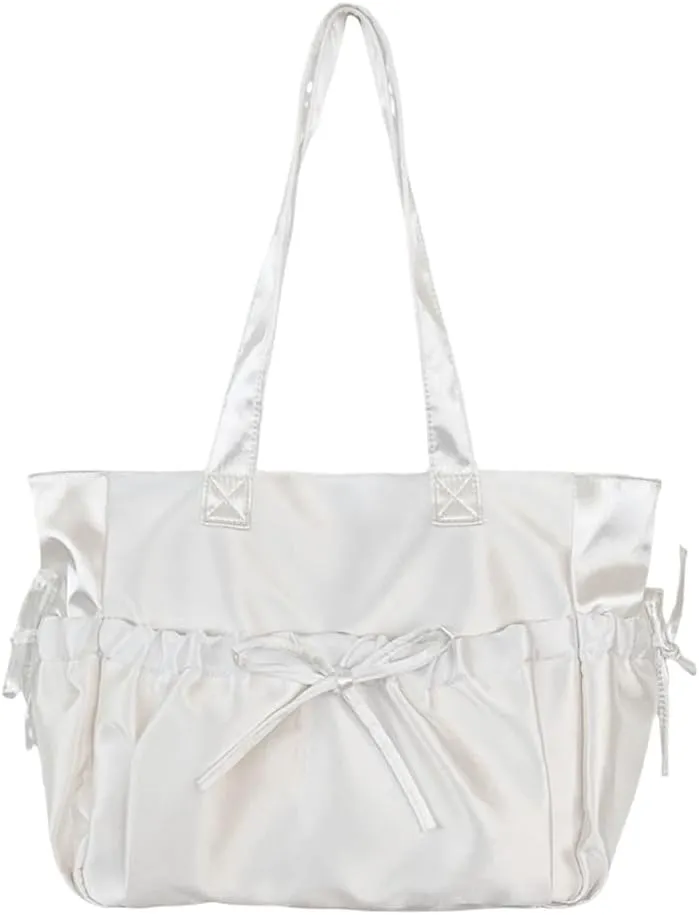 Sweet Pleated Bows Shoulder Bag Solid Color Large Capacity Nylon Handbag Purse