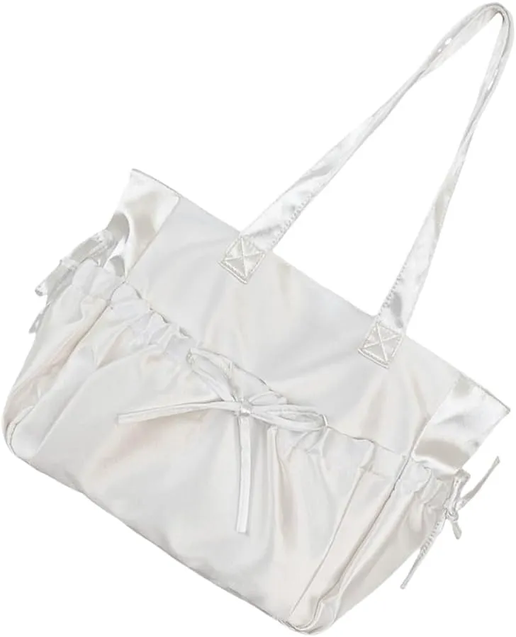 Sweet Pleated Bows Shoulder Bag Solid Color Large Capacity Nylon Handbag Purse