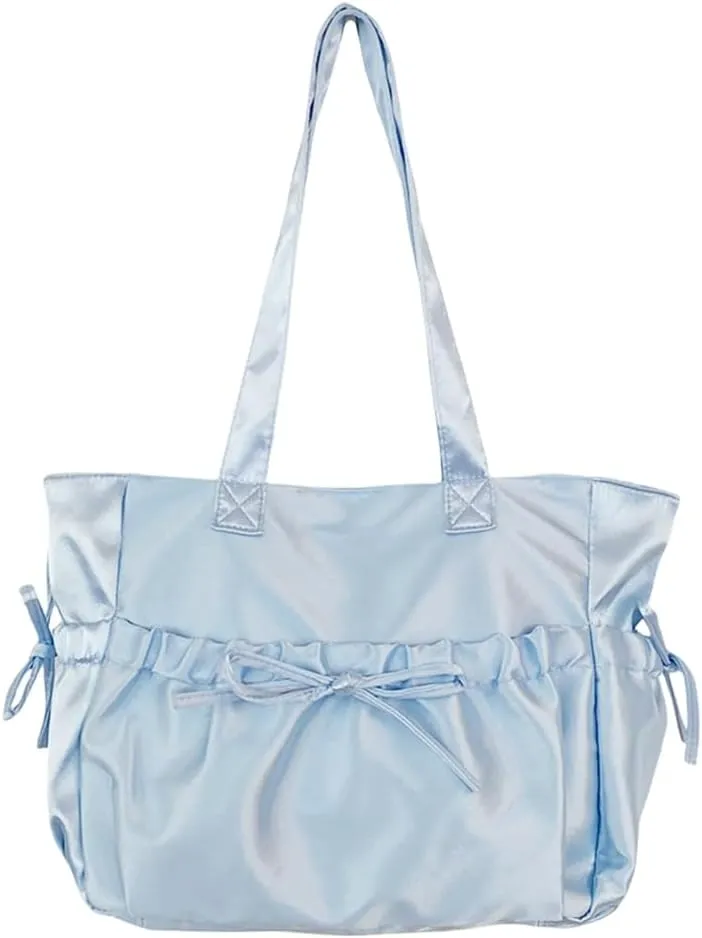 Sweet Pleated Bows Shoulder Bag Solid Color Large Capacity Nylon Handbag Purse