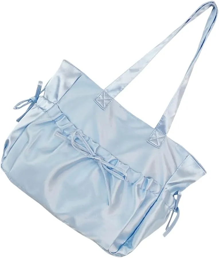 Sweet Pleated Bows Shoulder Bag Solid Color Large Capacity Nylon Handbag Purse