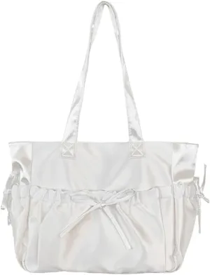 Sweet Pleated Bows Shoulder Bag Solid Color Large Capacity Nylon Handbag Purse