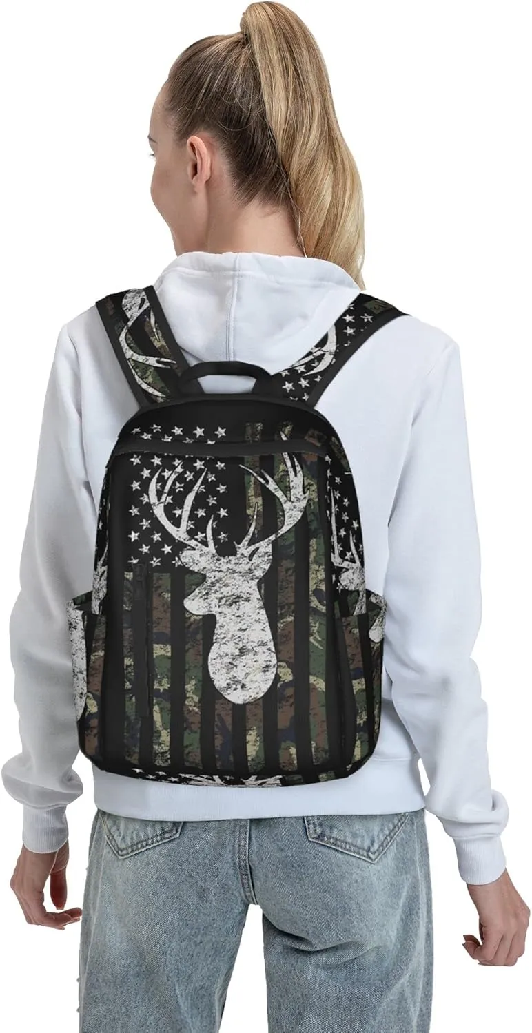 SWEET TANG Backpack Deer Camo Camouflage American Flag Hunting Bookbag