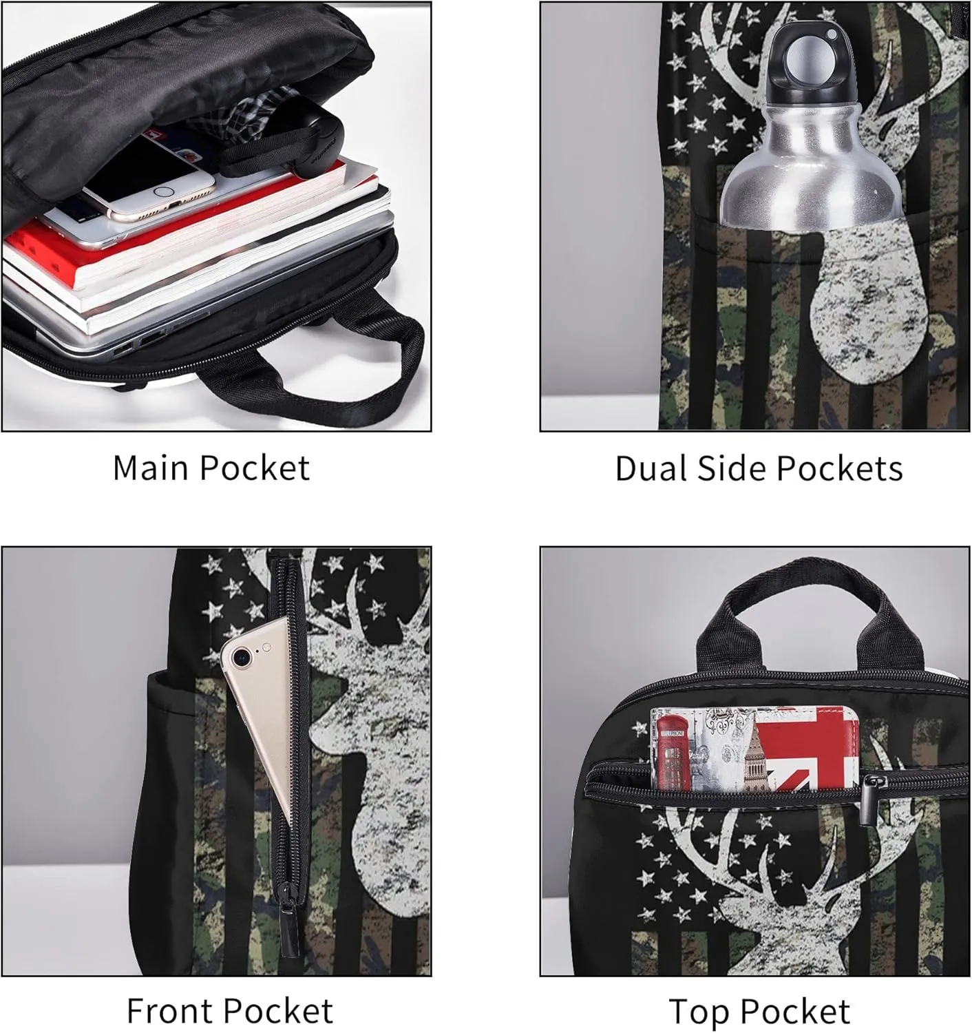 SWEET TANG Backpack Deer Camo Camouflage American Flag Hunting Bookbag