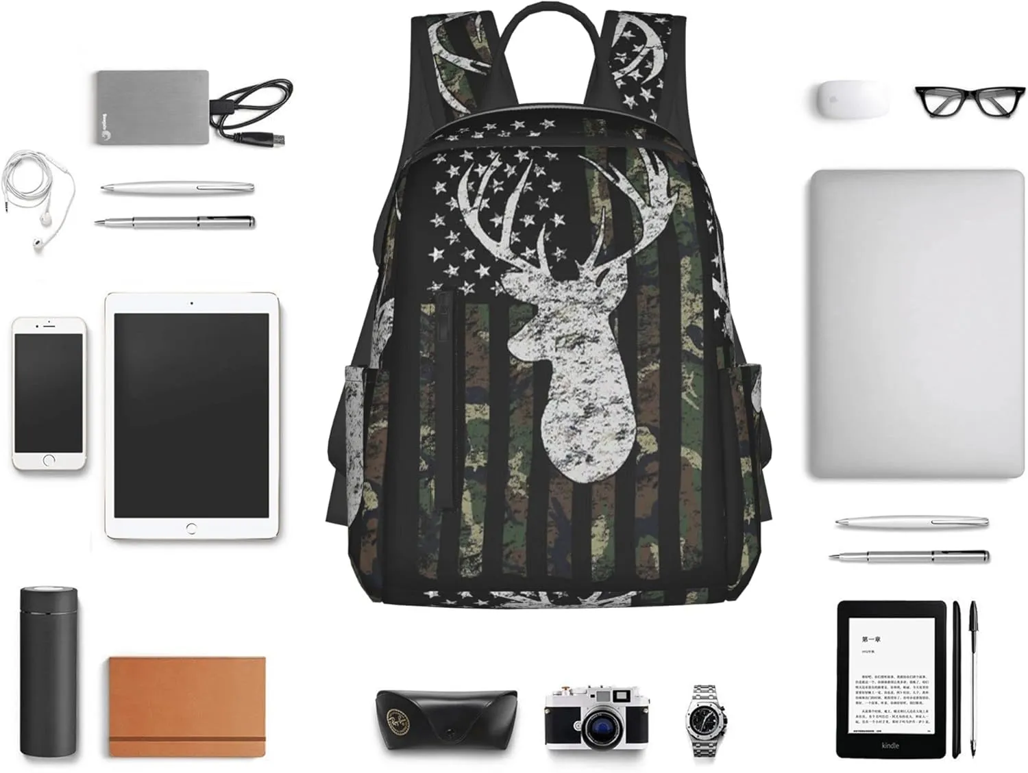SWEET TANG Backpack Deer Camo Camouflage American Flag Hunting Bookbag
