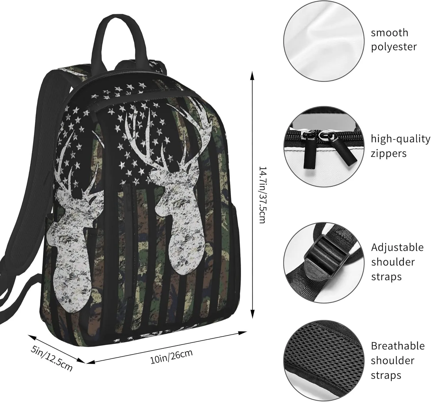 SWEET TANG Backpack Deer Camo Camouflage American Flag Hunting Bookbag